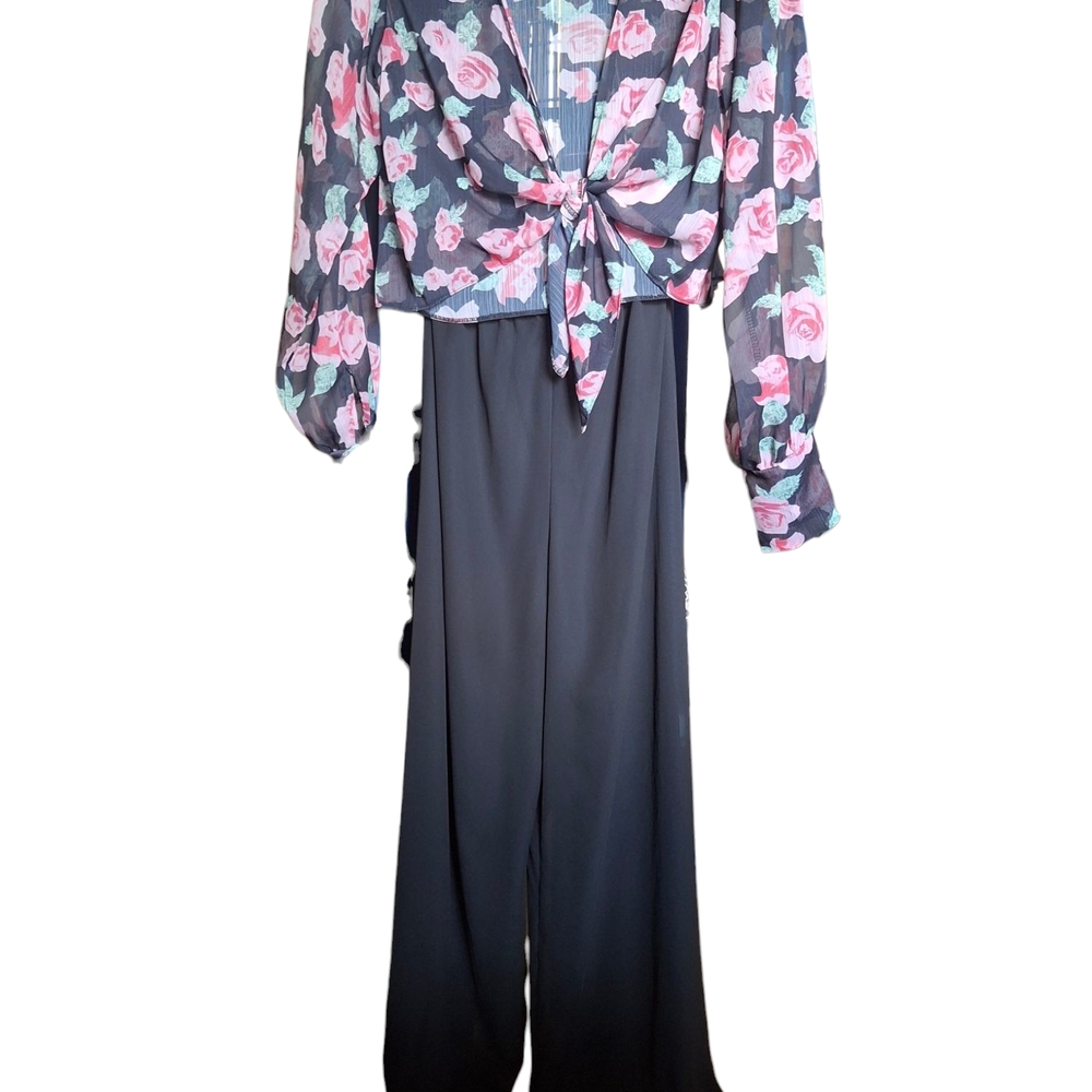 Floral Tie-Front Jumpsuit - Black and Pink
